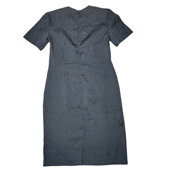 Vintage 70s Dress Black Embossed Floral Short Sleeve Pencil Knee‎ Length 10 M - Picture 7 of 13